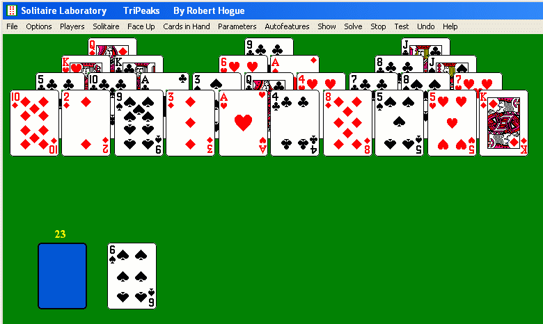 A deal of Robert Hogue's TriPeaks, in the face-up variant. It is possible to play 5, 4, 3, 2, A, K, Q on the initial 6.